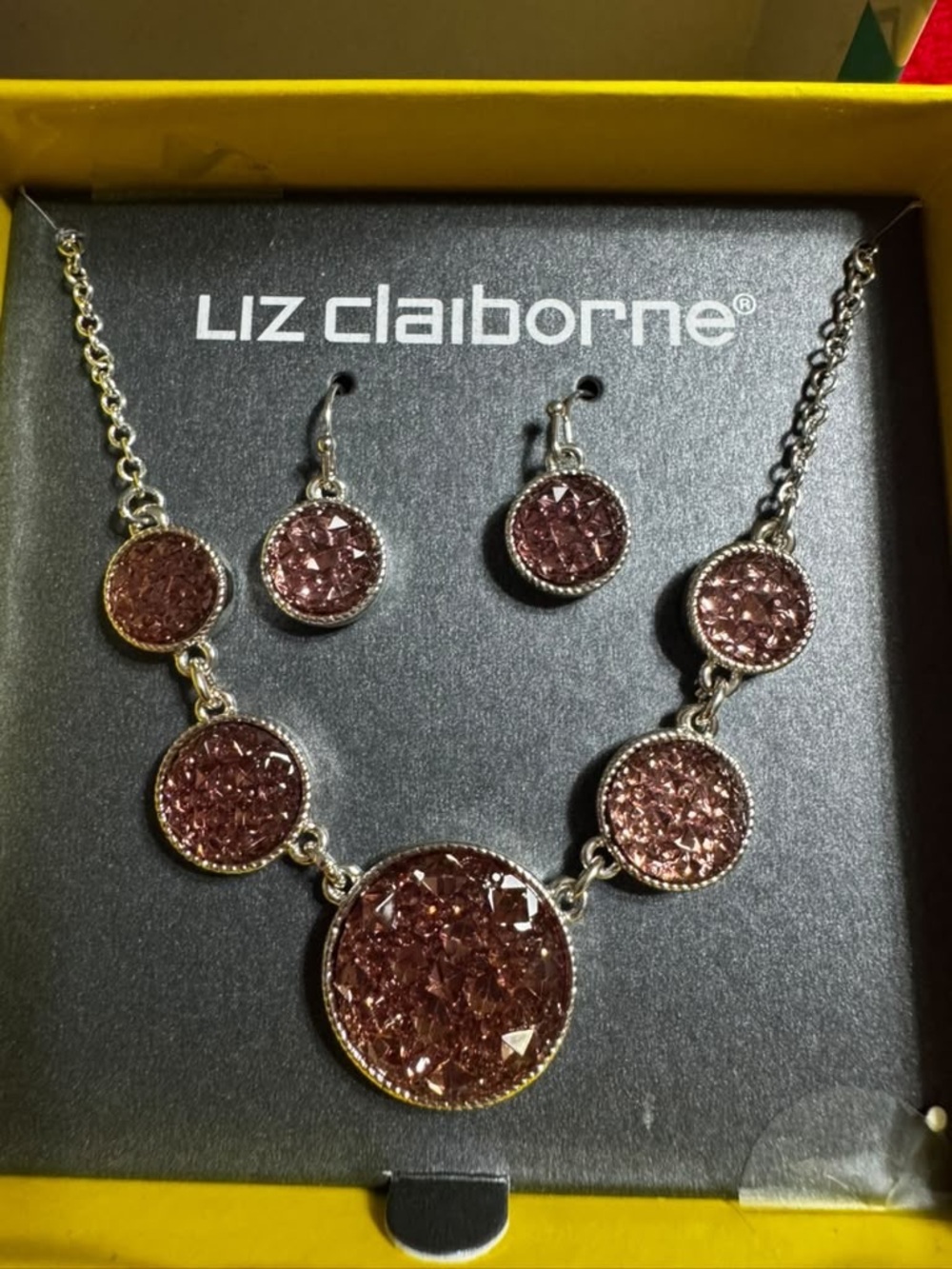 NWT Liz Claiborne Women's Silver Faux Druzy Round Necklace Earrings Jewelry Set